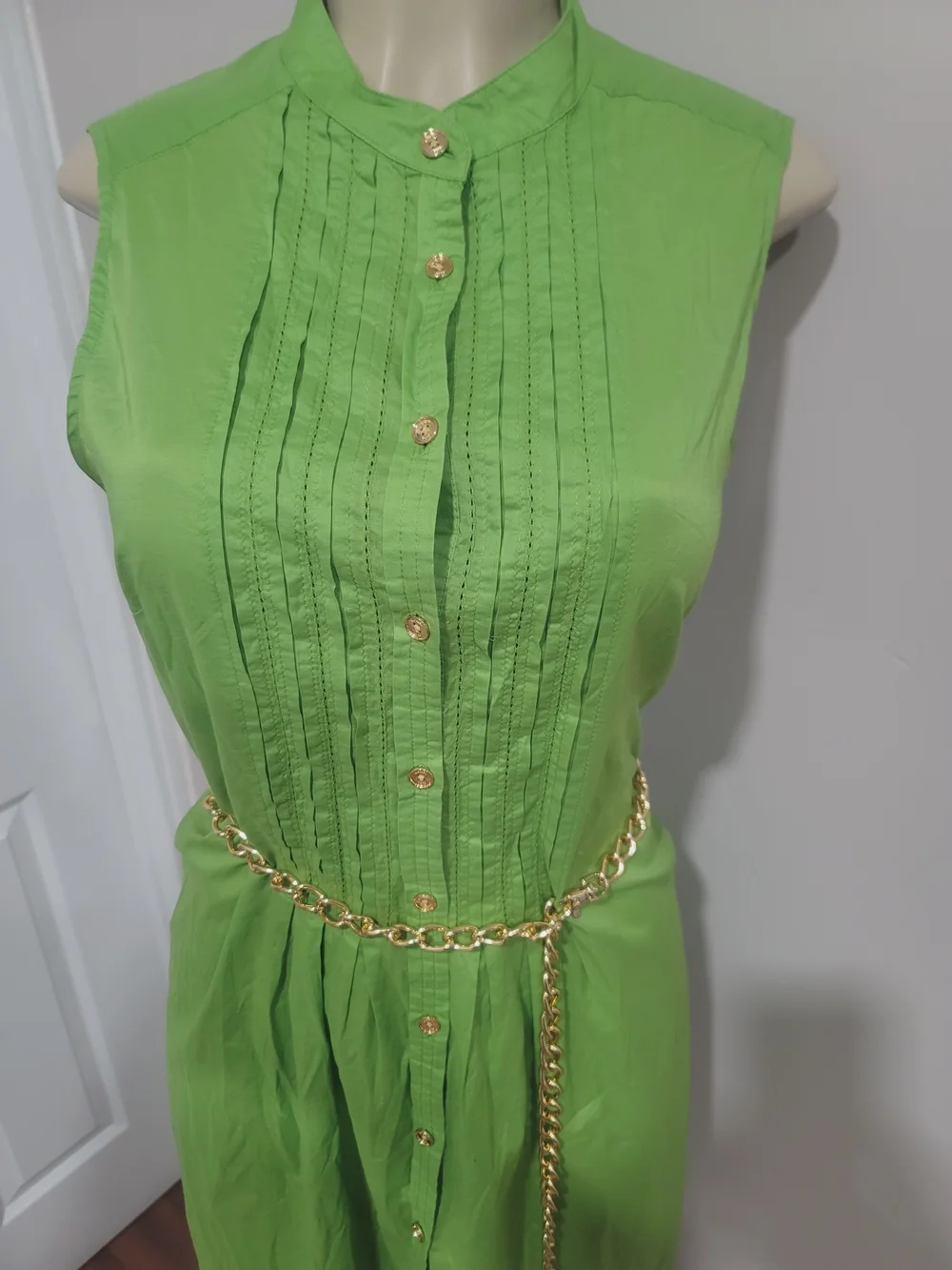 Michael Kors Lime Green Sleeveless Shirt Dress with Gold Chain Belt